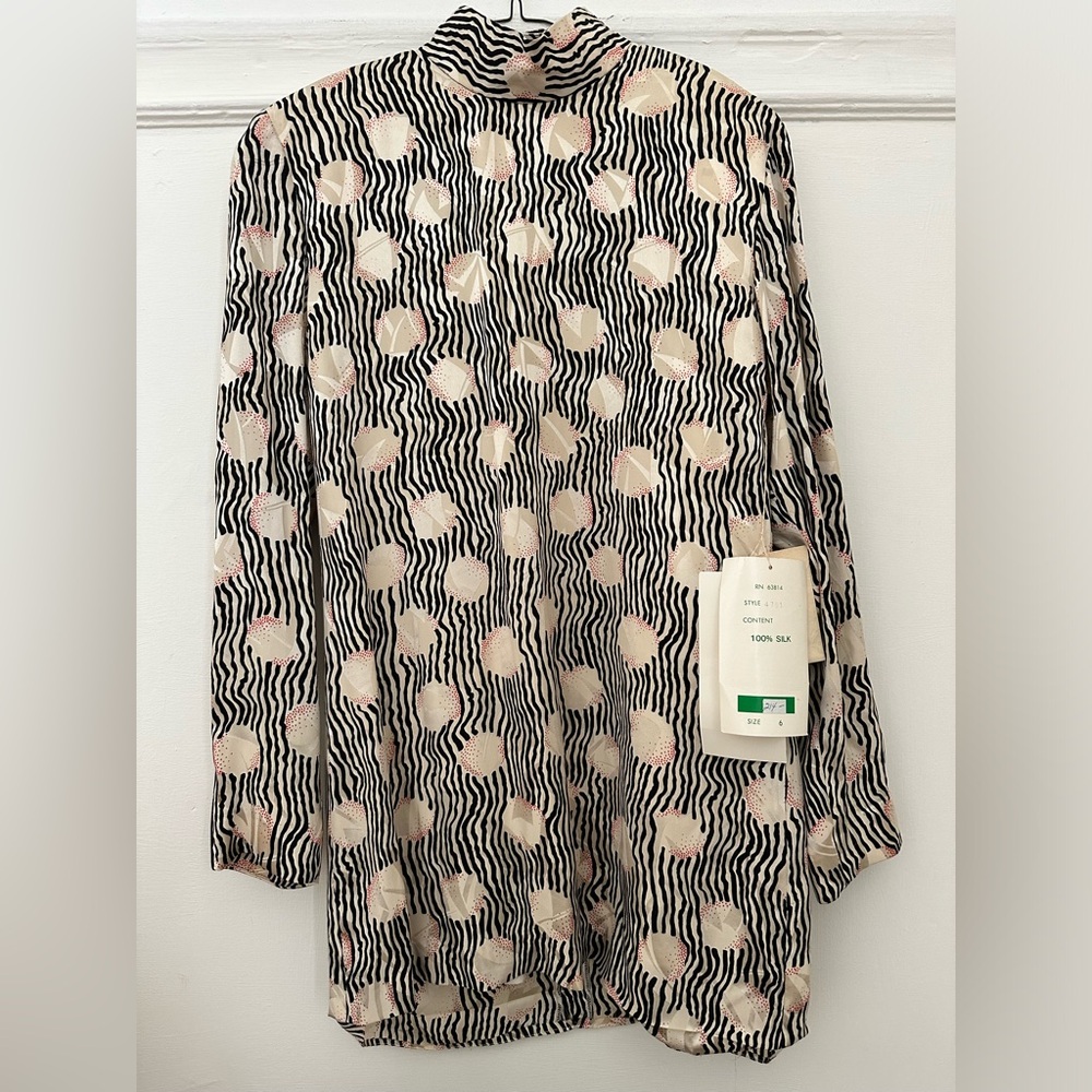 214$ American Vintage 80s Polka Silk Top Mini Dress JULIE FRANCIS Tan Black Sz 6